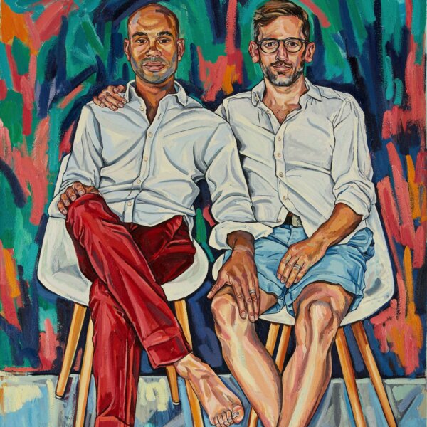 Crop of Leo & Roy, oil painting by Sarah Jane Moon