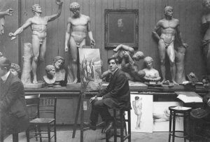 Black and white archive photo of students in the Antique Room at Heatherleys, 79 Newman Street.