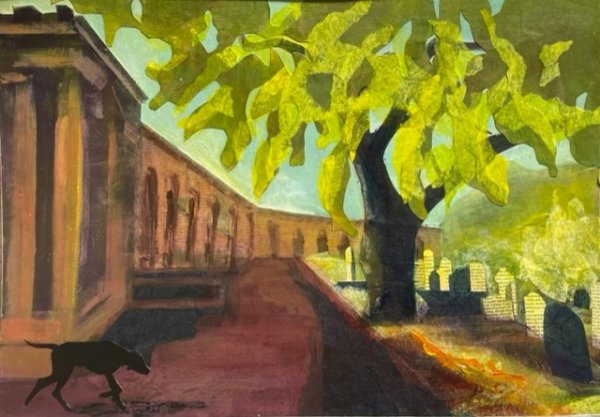 Evening patrol in Brompton Cemetry, painting by Lucy Bennett
