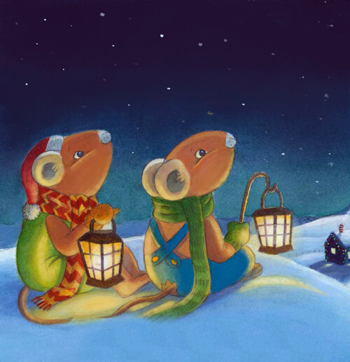 Two mice, Marvin and Marigold sitting in the snow with lanterns, watching the stars.