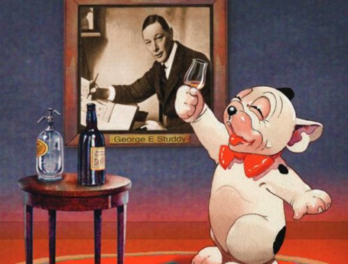 Bonzo the dog toasting with a glass or champagne with a photo of his creator George E. Studdy in the background.