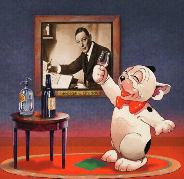 Bonzo the dog toasting with a glass or champagne with a photo of his creator George E. Studdy in the background.