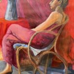 Model and bendy chair, painting by Lizzy May, 2022