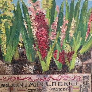 SUSAN WILSON (B. 1951) Cereza Tardia / The Mountain Cherry Box from Spain with Hyacinths oil on board