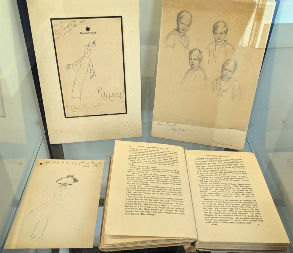 Portrait sketches by Gertrude Massey of the royal children of Kind Edward vii and Queen Alexandra. Her book about working as portrait artist to the royal family and drawings of Gertrude by seven year old Prince Edward, Duke of Windsor.