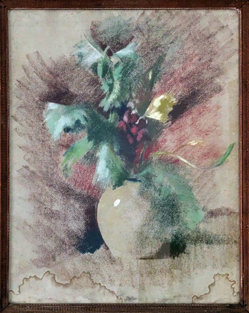 Still life pastel drawing of a vase of flowers by Helen Wilson. Held in private collection.