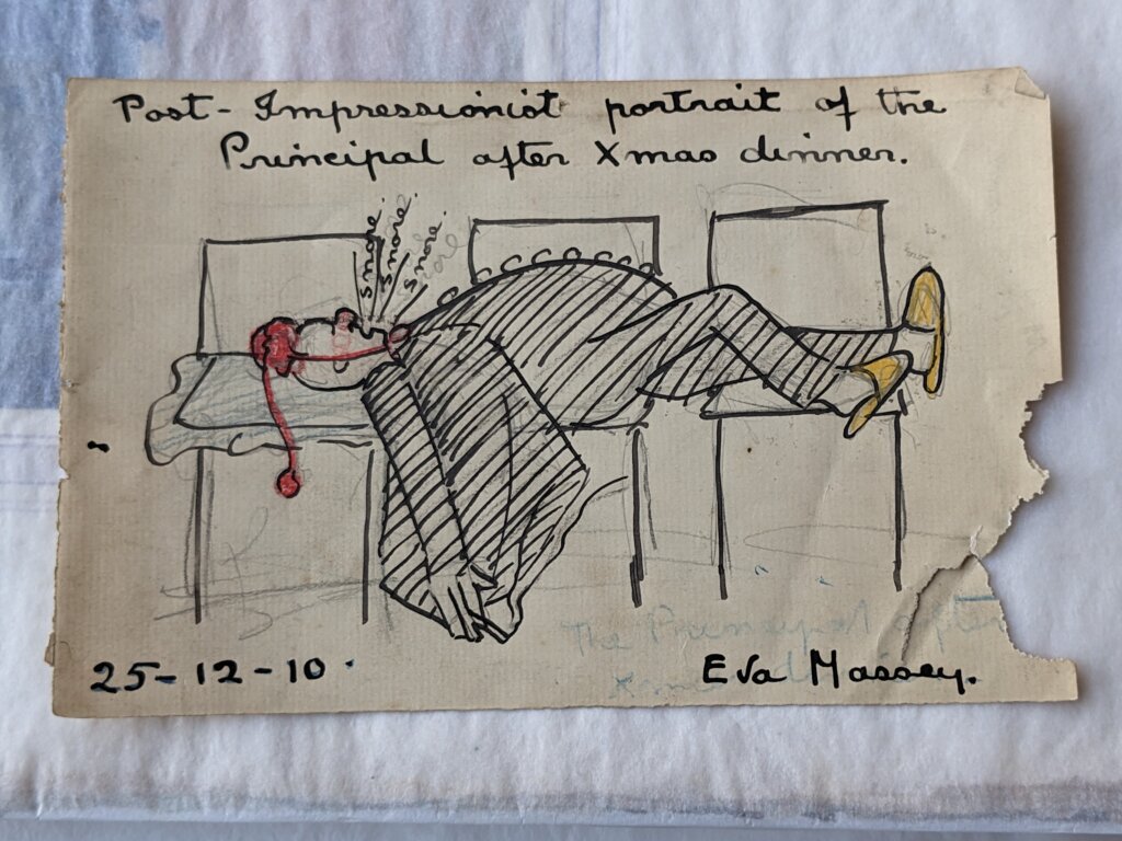 Drawing by Gertrude and Henry Massey's daughter Eva Massey dated 25-12-10. Titled: Post Impressionist portrait of the Principal after Xmas dinner.