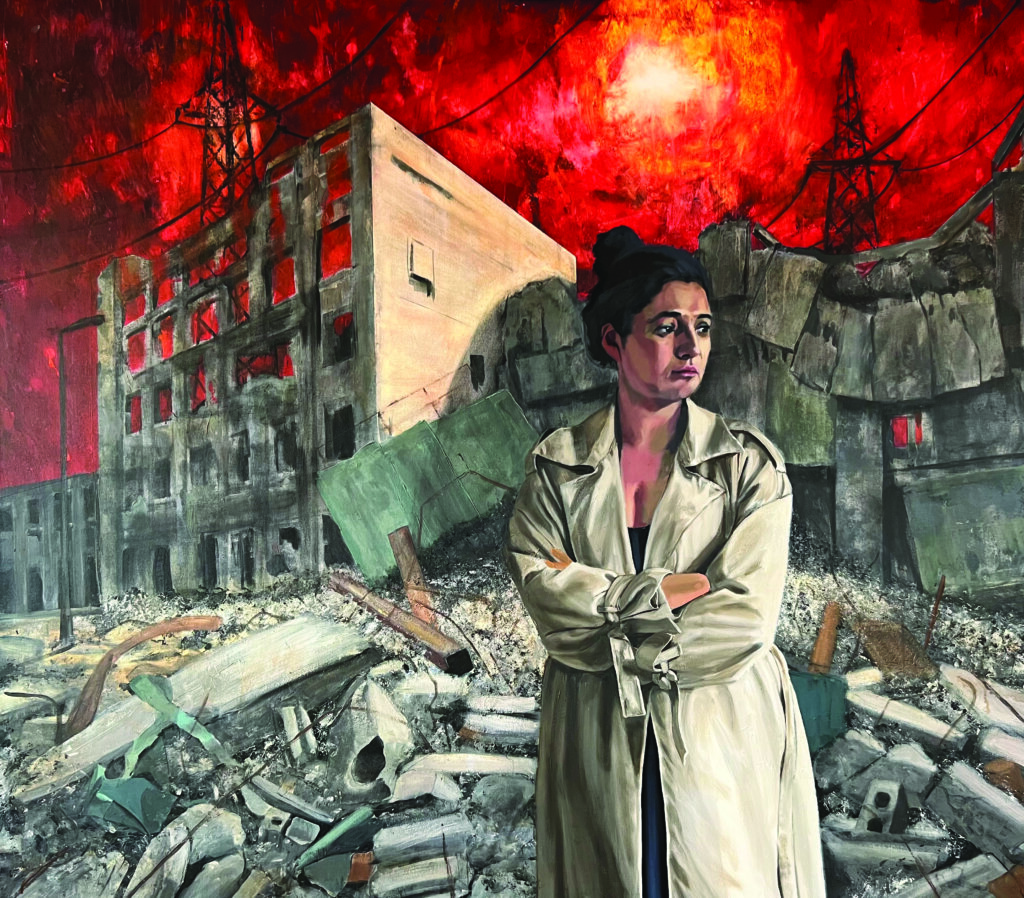 Oil painting by Heatherleys Graduate Philip Cuttell, depicting a woman in a beige trench coat standing in front of bomb destroyed buildings and a fire red sky.