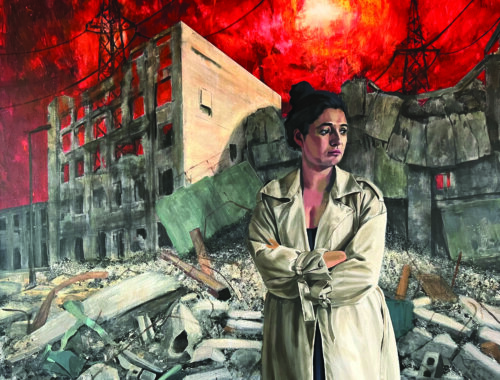 Oil painting by Heatherleys Graduate Philip Cuttell, depicting a woman in a beige trench coat standing in front of bomb destroyed buildings and a fire red sky.