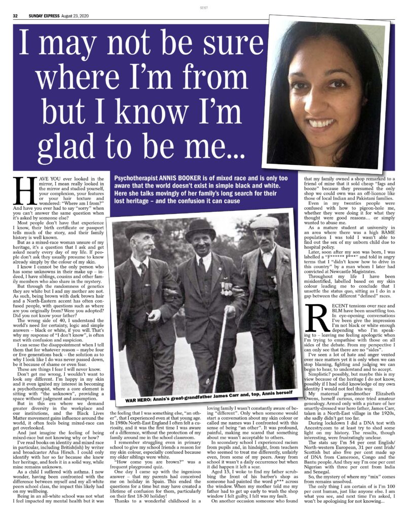 Annis Booker article in the Sunday Express 23 August 2020