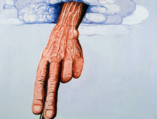 Philip Guston's painting - The Line, depicting a dalmon pink hand reaching down from a cloud in a blue sky to darw a black line in charcoal on a red ground.