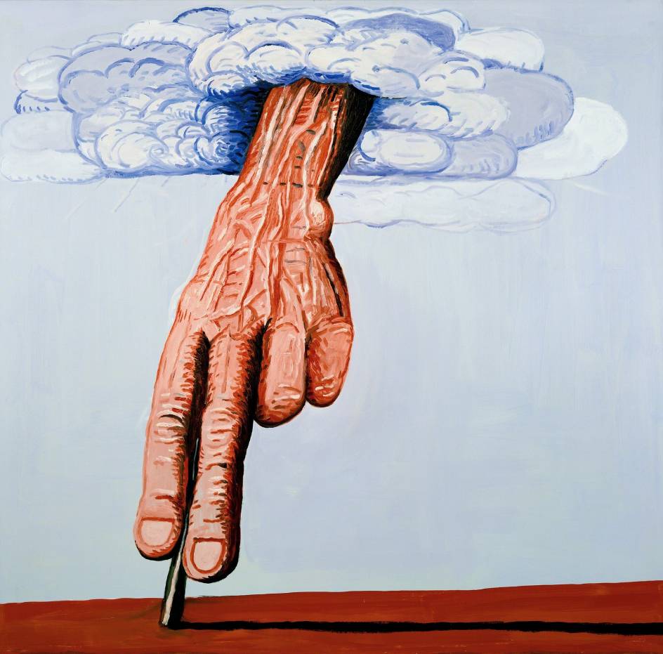 Philip Guston's painting - The Line, depicting a dalmon pink hand reaching down from a cloud in a blue sky to darw a black line in charcoal on a red ground.